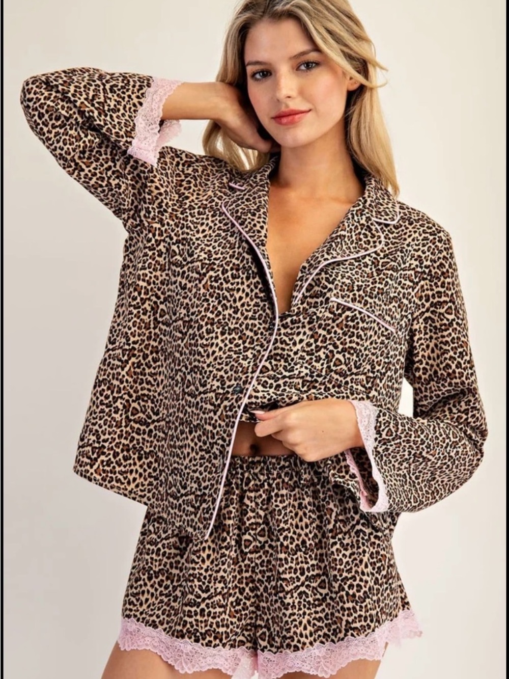 Leopard Print Pajama Lounge Set with Pink Lace Trim